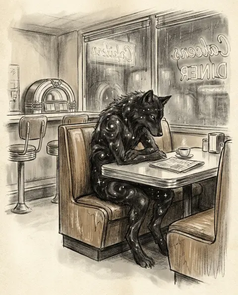 Charcoal sketch of a melancholic constellation-wolf seated in a lacquered-wood b - AI生成图片 3