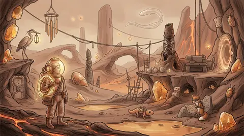 Side-view platformer scene set across a tranquil volcanic wasteland, rendered as - AI生成图片 3