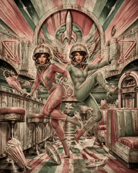 Two twin astronaut explorers in sharply tailored, dusty-rose and sage flight ens - AI生成图片 3
