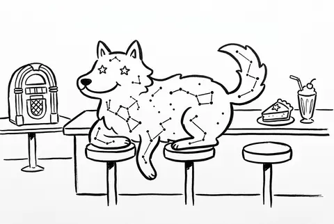 A joyful constellation-wolf lounging across the counter stools of a retro 1950s - AI生成图片 2