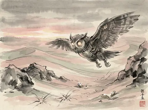 A mysterious and eerie traditional ink wash painting of a clockwork owl emerging - AI生成图片 4