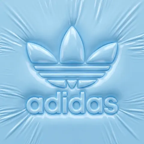 一张极简未来感品牌海报，正中央是立体浮雕风的 adidas 三叶草 logo 与小写 “adidas” 字样，整体像由半透明充气塑料/PVC/乳胶材质制成，表面 - AI生成图片 2