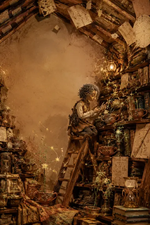 Vertical 9:16 poster, a celestial gardener in a cramped attic library kneeling a - AI生成图片 2