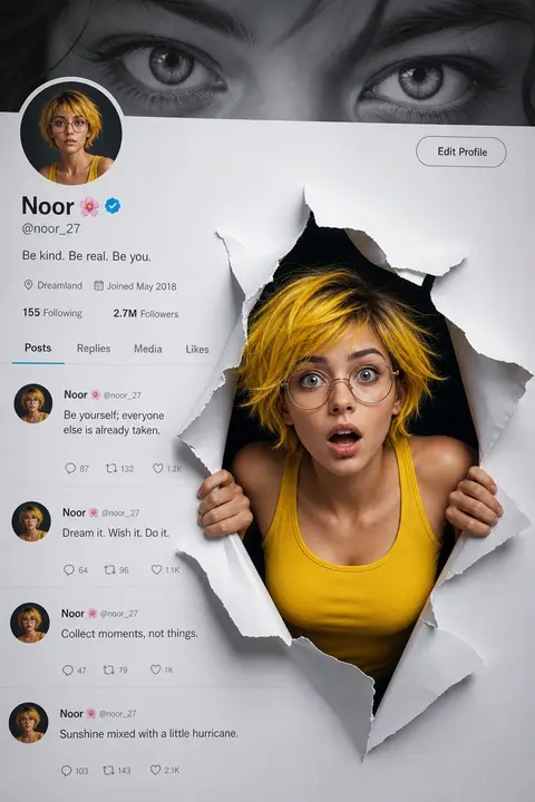 A creative 3D photo manipulation of a social media profile interface, featuring - AI生成图片 3