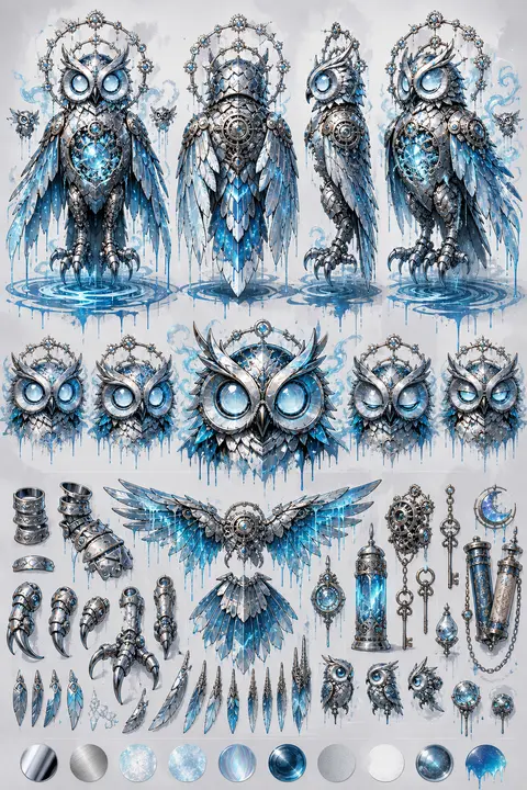 official character concept sheet for a clockwork owl chaos caster, rendered as a - AI生成图片 2