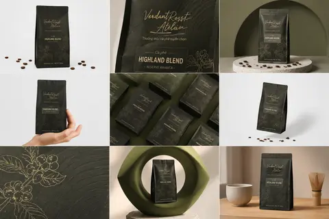 一张高端极简商业产品摄影拼贴海报，9宫格版式，展示同一款精品咖啡豆包装袋的多角度品牌视觉 mockup；主体是一只直立式咖啡软袋，哑光深橄榄绿与黑绿色包装，表面 - AI生成图片 2
