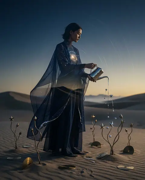 双重曝光摄影风格的超高细节竖版海报：一位“天穹园丁”独自立于黎明沙海中央，身形纤长、性别模糊，披着层层薄纱般的午夜海军蓝长袍，衣摆像被晨风拉开的星图；双手捧着一 - AI生成图片 3
