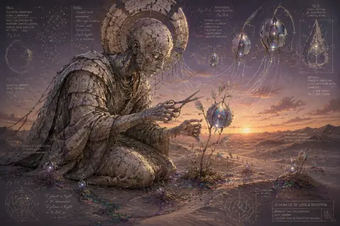 A melancholic blueprint schematic of a celestial gardener kneeling in a dawn des - AI生成图片 2