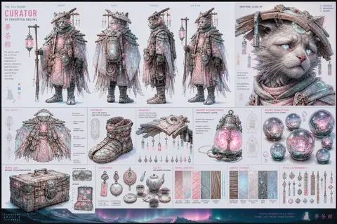 A melancholic tea-house cat rendered as a cyberpunk neon character sheet on a cl - AI生成图片 2