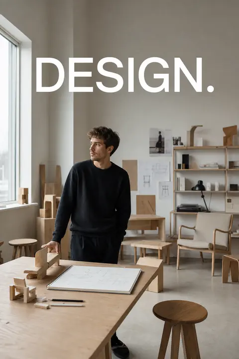 Premium editorial campaign. Main Subject: Young furniture designer inside a Scan - AI生成图片 1