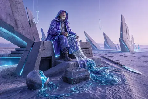 At dawn in a vast salt-cracked desert, an elderly fisherman with wind-creased sk - AI生成图片 1