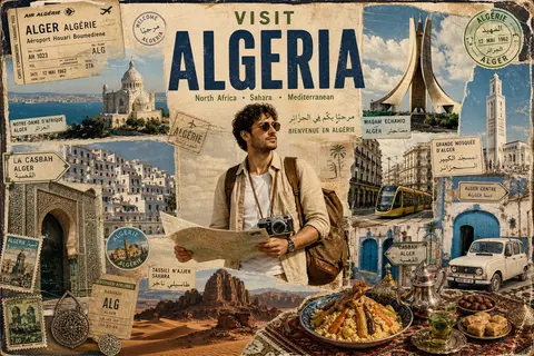 复古旅行海报拼贴风，主题“VISIT ALGERIA / 欢迎来到阿尔及利亚”，纵向构图，做旧纸张纹理背景，边缘磨损、折痕、邮戳、票据、撕贴痕迹，整体像20世纪 - AI生成图片 1