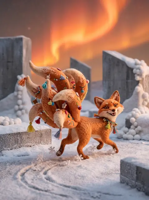 A whimsical nine-tailed fox spirit sculpted from plush felt prances across a fro - AI生成图片 4