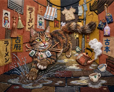 a nimble tea-house cat skidding through a rain-soaked back alley, tail whipping - AI生成图片 4