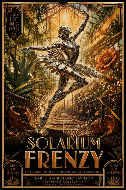 vertical 9:16 art deco travel poster, a robotic ballet dancer erupting into a ra - AI生成图片 2
