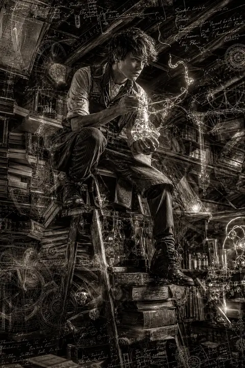 Double-exposure full-body portrait of a young tinkering inventor perched atop a - AI生成图片 1