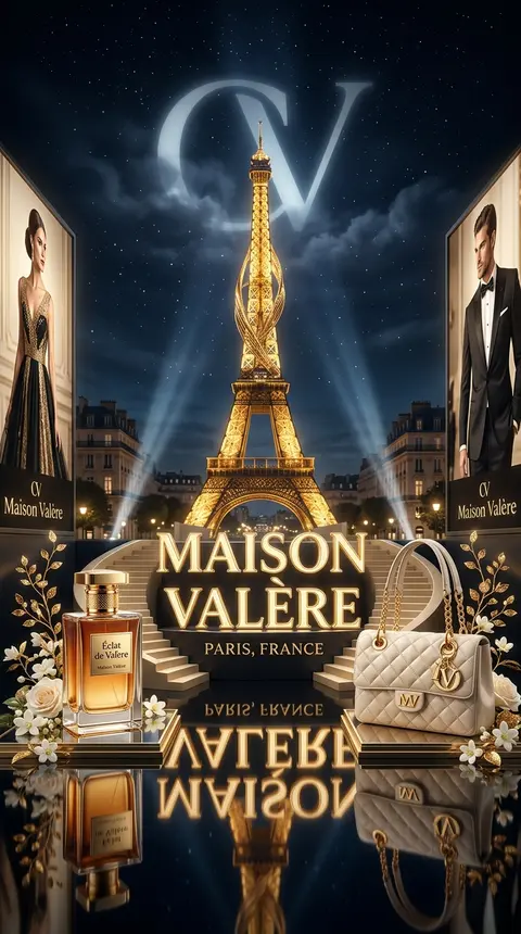 奢华高端“Maison Valère”主题广告海报，夜景巴黎场景，中央矗立发光金色“巴黎之光塔”地标，前景是超大立体金色 “MAISON VALÈRE” 字样与 - AI生成图片 3