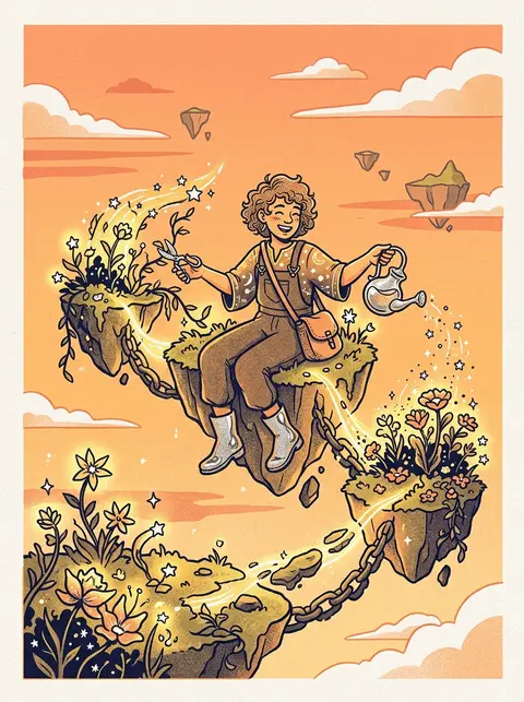 A playful celestial gardener on a chain of floating sky islands, delicately tend - AI生成图片 1