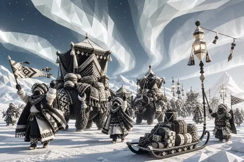 A jubilant caravan of desert wanderers crossing a wind-carved polar plain beneat - AI生成图片 1