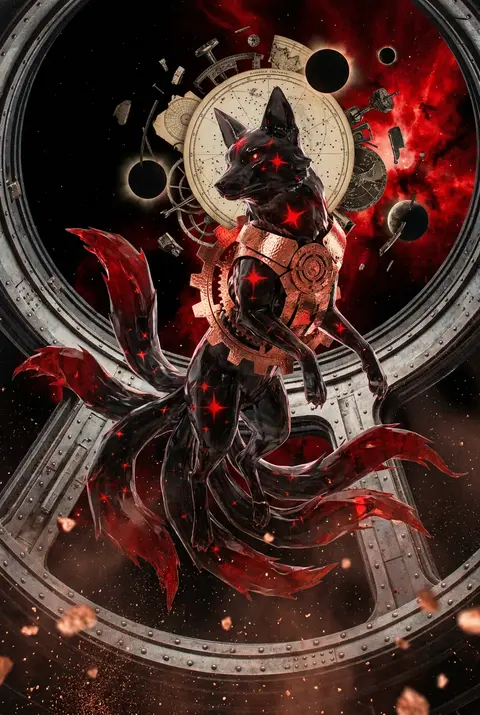 Surrealist photo collage of a mythical nine-tailed fox spirit suspended inside a - AI生成图片 1