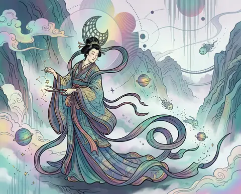 celestial gardener tending newborn stars along a fog-shrouded mountain pass, pla - AI生成图片 2