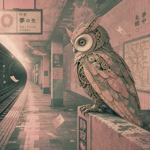 A clockwork owl poised on the edge of a deserted subway platform, its articulate - AI生成图片 1