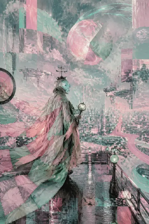 超宽银幕21:9构图，史诗级纪念碑感主视觉；霓虹雨夜巨型都市的高空观景平台上，独居灯塔守望者被重构为超现实拼贴核心：身披编织丝绸制成的层层旗帆与褶皱披风，轮廓像 - AI生成图片 4