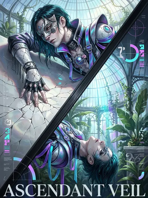 二次元插画，未来实验美学海报，纵向构图，近景半身的 masked carnival acrobat 俯身凝视一块裂纹纵横的抛光瓷面，画面被一道斜切的结构边界分成 - AI生成图片 3