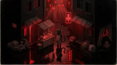 超宽幅21:7等距微缩场景海报，一条被暴雨反复冲刷的狭窄后巷宛如秘密祭坛，整体以极致高反差黑色与血红色构成，几乎无中间色；画面中央是一只经营深夜茶寮的玄色猫掌柜 - AI生成图片 4