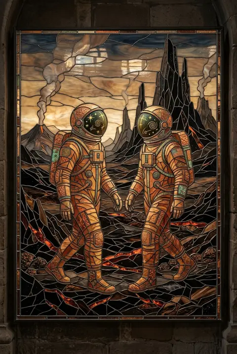 twin astronaut explorers traversing a volcanic wasteland, mirrored figures with - AI生成图片 1