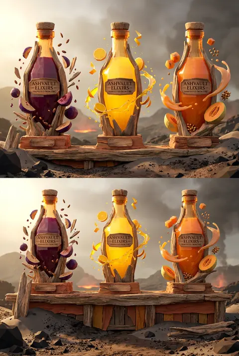 Epic campaign tableau for a fictional premium brand, “ASHVAULT ELIXIRS” — a monu - AI生成图片 2