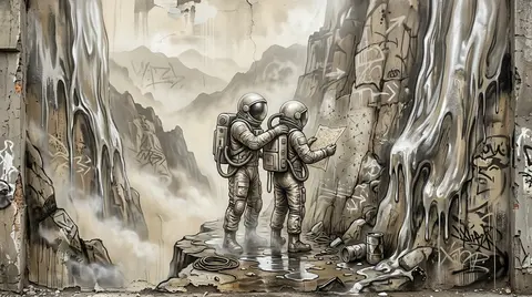 vertical composition, high-detail surreal poster-like mural of twin astronaut ex - AI生成图片 1