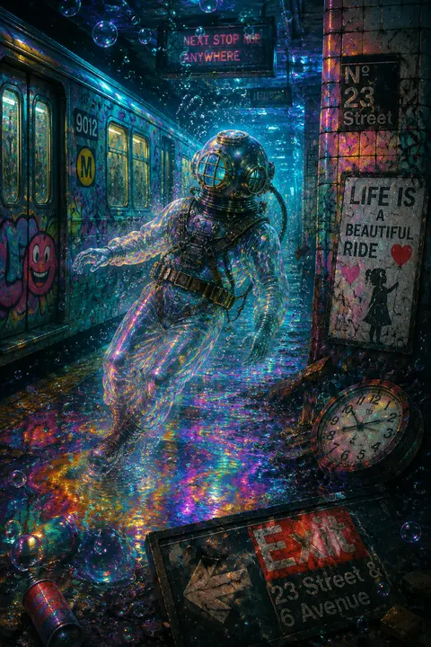 a translucent resin deep-sea diver drifting through a forgotten subway platform, - AI生成图片 1