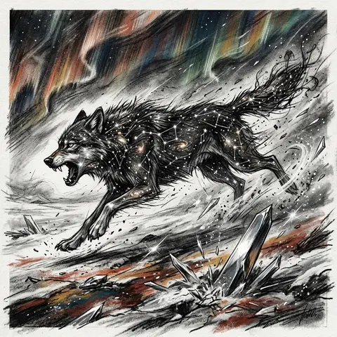 A feral wolf formed entirely from star-map constellations, its body traced by fl - AI生成图片 1