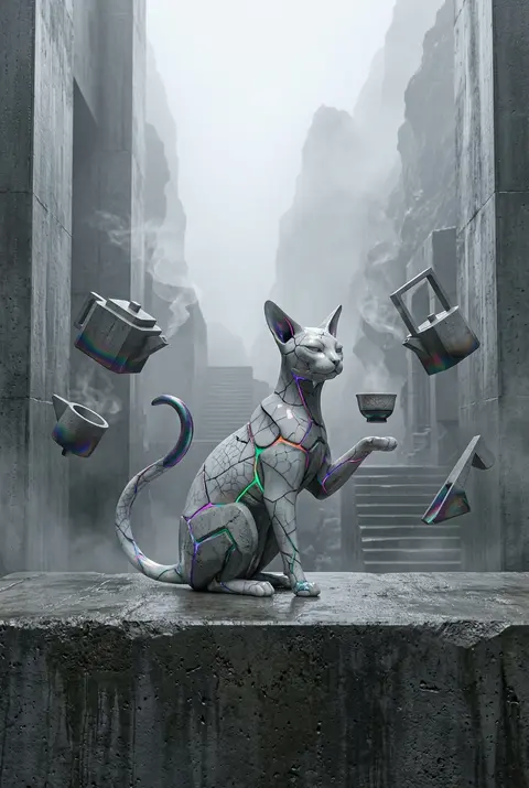 A poised tea-house cat with elongated ears and a crescent-shaped tail perches in - AI生成图片 2