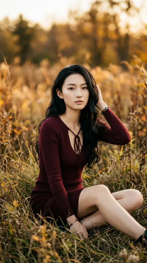 电影感超写实人像摄影，竖构图，半身至大腿取景：年轻成年女性“林昭棠”坐在户外荒草地间，冷白通透的肤色，面部轮廓精致立体，浓眉清晰，微微上挑的杏眼直视镜头，裸调饱 - AI生成图片 4