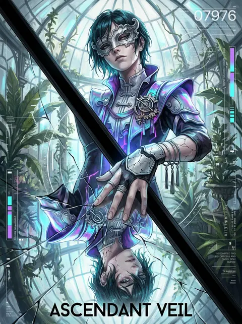 二次元插画，未来实验美学海报，纵向构图，近景半身的 masked carnival acrobat 俯身凝视一块裂纹纵横的抛光瓷面，画面被一道斜切的结构边界分成 - AI生成图片 1