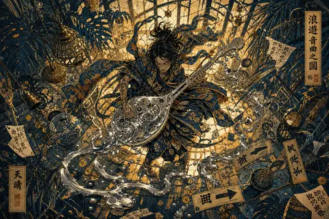 A kinetic ukiyo-e woodblock vision of a wandering street musician inside a blazi - AI生成图片 1