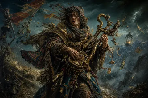 baroque oil painting of a wandering street musician storming through a fog-shrou - AI生成图片 1