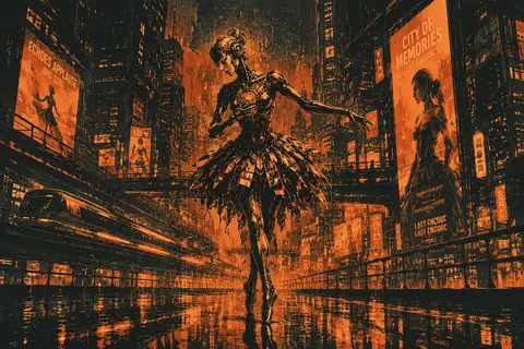 雨夜霓虹巨城的高空轻轨站台上，一位机器人芭蕾舞者独自谢幕般停驻，纤长金属肢体以液态水银质感流动反光，关节像精密珠宝般细致，足尖立于积水薄镜中，裙摆由层层破碎的反 - AI生成图片 3
