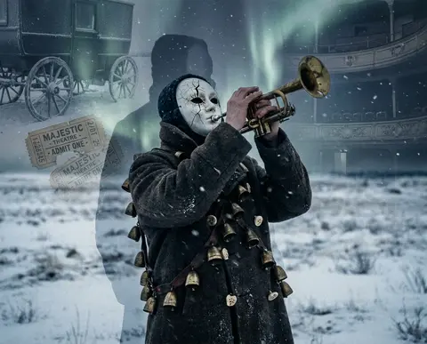 Solitary porcelain-faced wandering street musician wrapped in tarnished brass be - AI生成图片 3