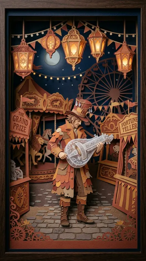 A solitary wandering street musician stands beneath midnight carnival lanterns, - AI生成图片 4