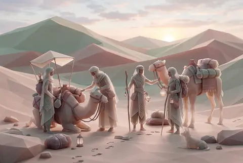 At dawn in a vast wind-shaped desert, an intimate nomad caravan pauses in a shal - AI生成图片 2