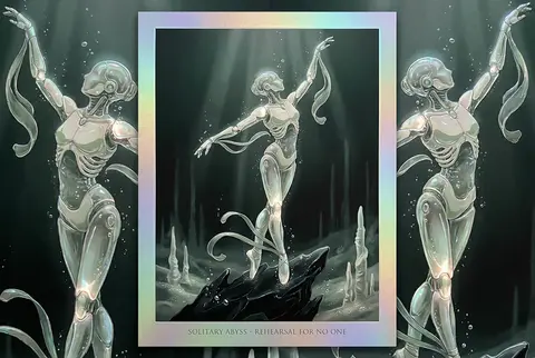 A solitary robotic ballet dancer fashioned from translucent molten glass descend - AI生成图片 1
