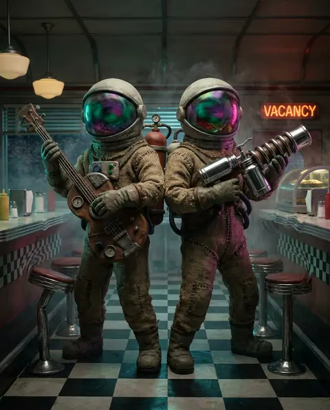 Twin astronaut bruisers in a retro 1950s chrome diner at midnight, rendered as t - AI生成图片 2