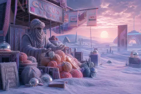 desert dawn fruit bazaar dreamscape, vaporwave mirage, a market fruit vendor wov - AI生成图片 2