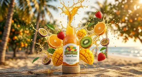 Ultra-realistic product ad of a premium fruit drink bottle, dynamic liquid splas - AI生成图片 2