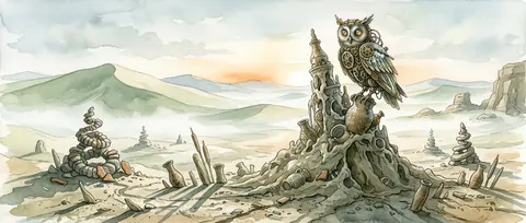 a clockwork owl perched on a sagging tower of wet clay relics in a dawn desert, - AI生成图片 3