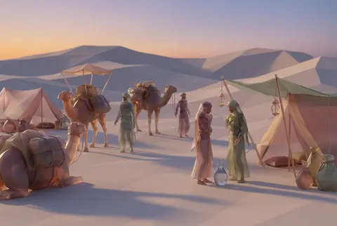 At dawn in a vast wind-shaped desert, an intimate nomad caravan pauses in a shal - AI生成图片 1
