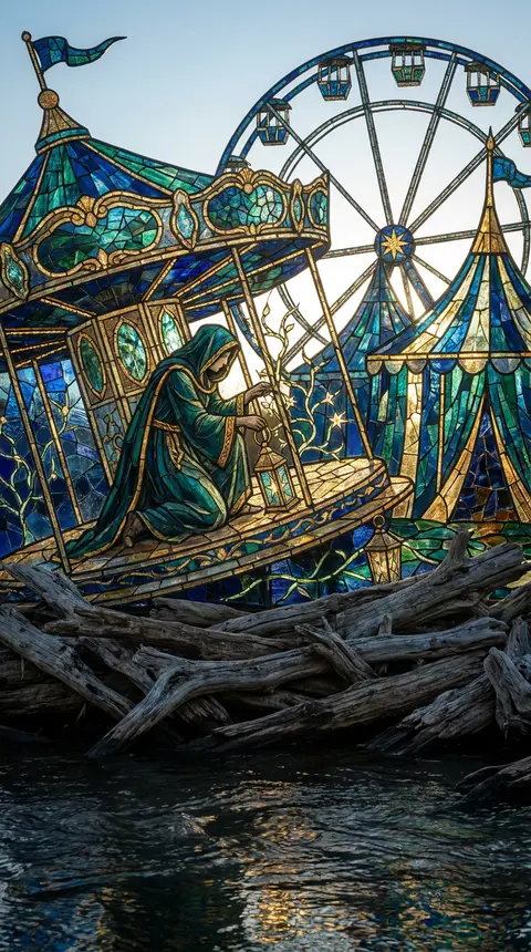 A midnight carnival rises from a riverbank of weathered driftwood, rendered as a - AI生成图片 2